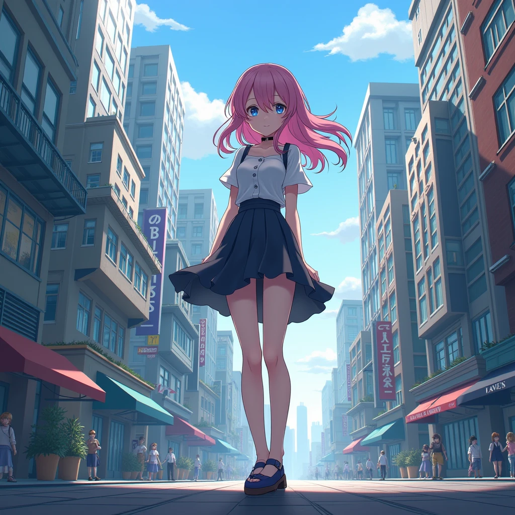 Anime girl in a city with an urban landscape background