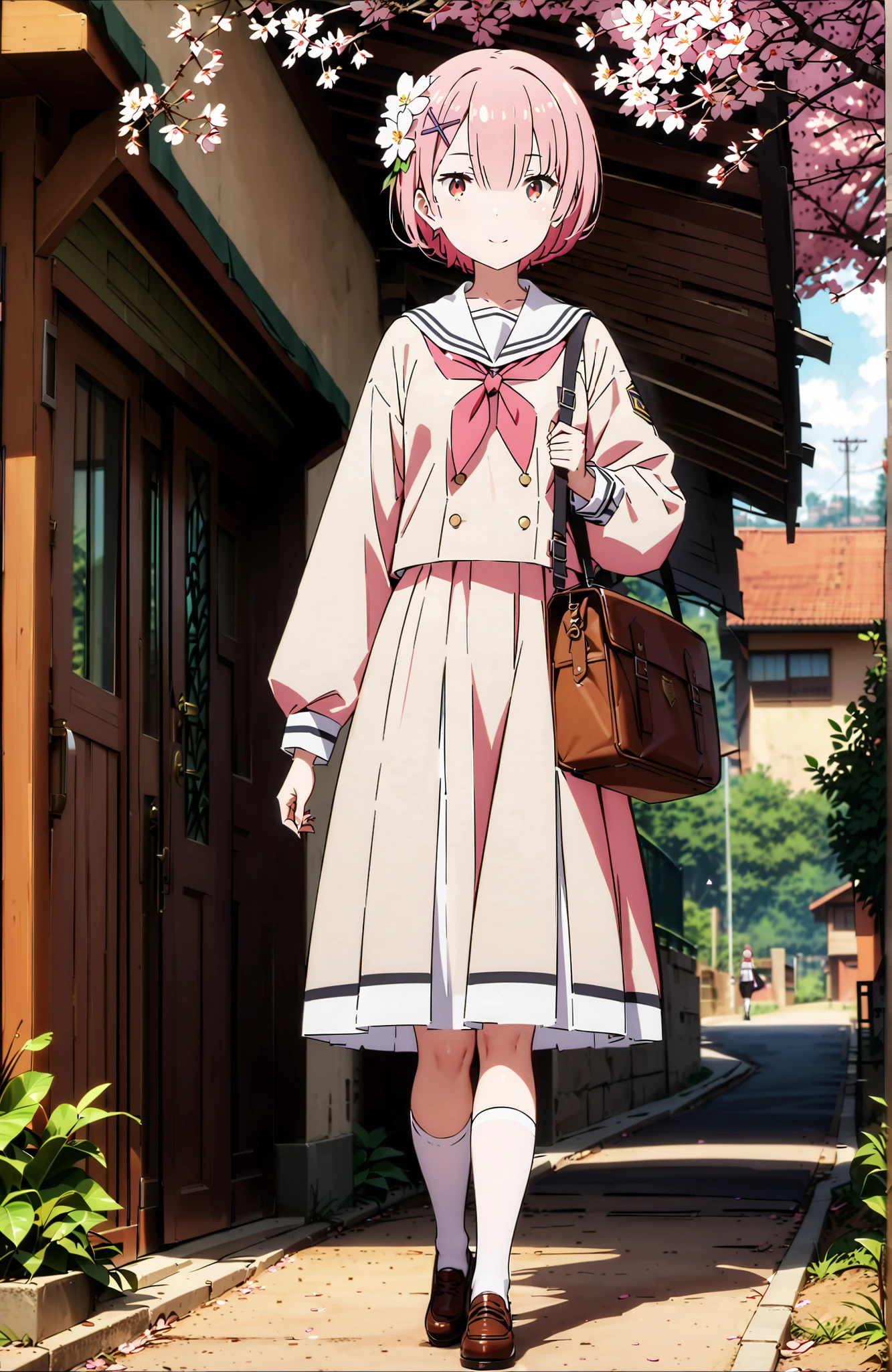 score_9, score_8_up, score_7_up, source_anime,Ram, hair flower, hair ornament, Hair on one eye, pink hair, Red Eyes, short hair, x hair ornament,smile,,close your mouth,white sailor suit,long sleeve, Black Mini Pleated Skirt , White Thigh High Socks,loafers,Student bag 1 :1,spring,Cherry Blossoms,walking,,as if the whole body is in the illustration,in their 40s looking at viewer,full body,
in their 40s outdoors, residential area ,
in their 40s (masterpiece:1.2),Highest Quality ,Kampala,unity 8k 壁紙,(shape:0.8),( fine and beautiful eyes :1.6),It's a person ,full body photo,CG Details , (perfect hand in h,Complete Anatomy),