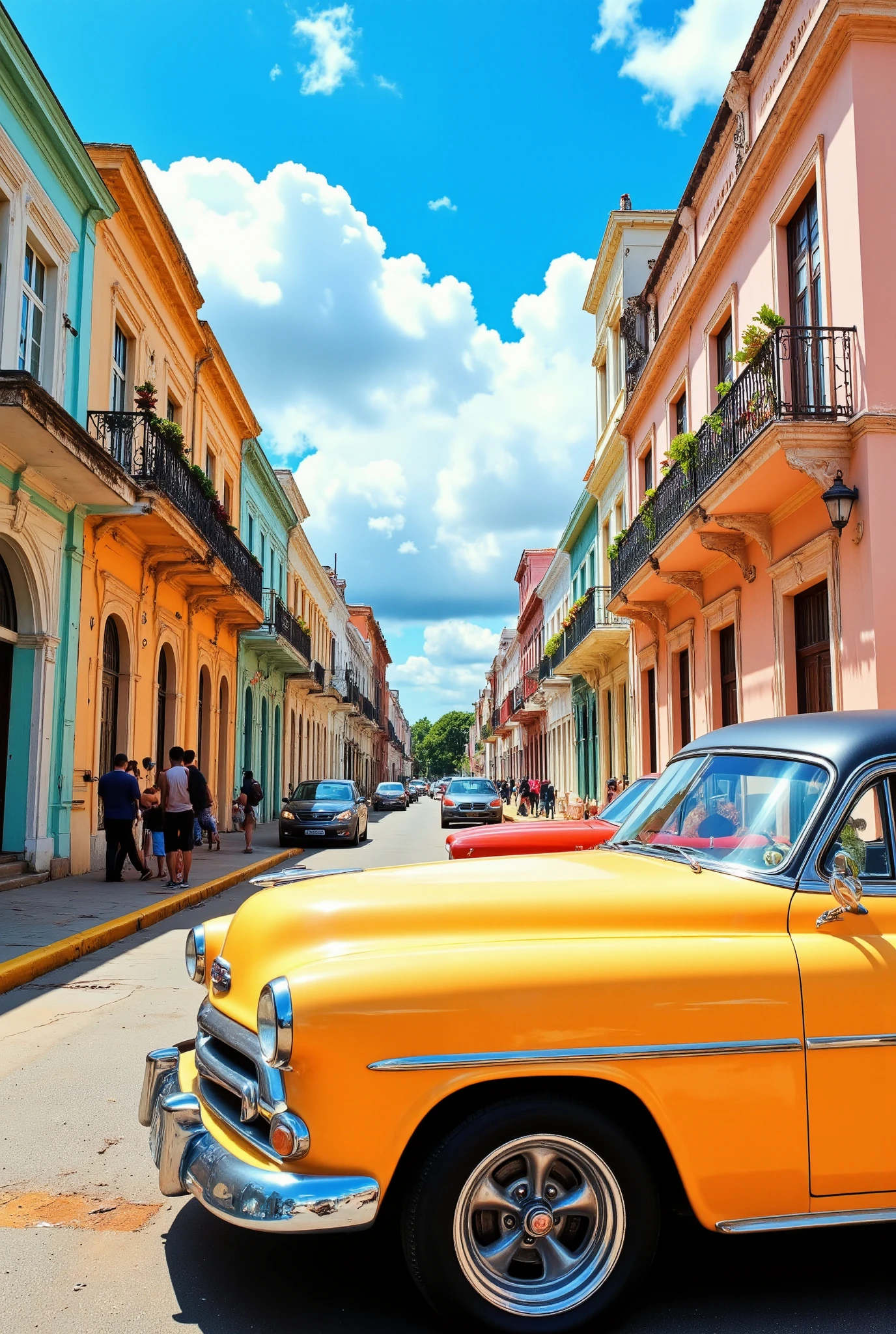 masterpiece、Highest quality images、Cuban Cityscapes、  Colorful houses々Classic Cars Driving on the Road Between Buildings、outdoor、colorful road、Clear Skies and Light Clouds、Cheerful Afternoon in the Caribbean、 Detailed Bahamian Streetscapes、Views of the cityscape、nature。