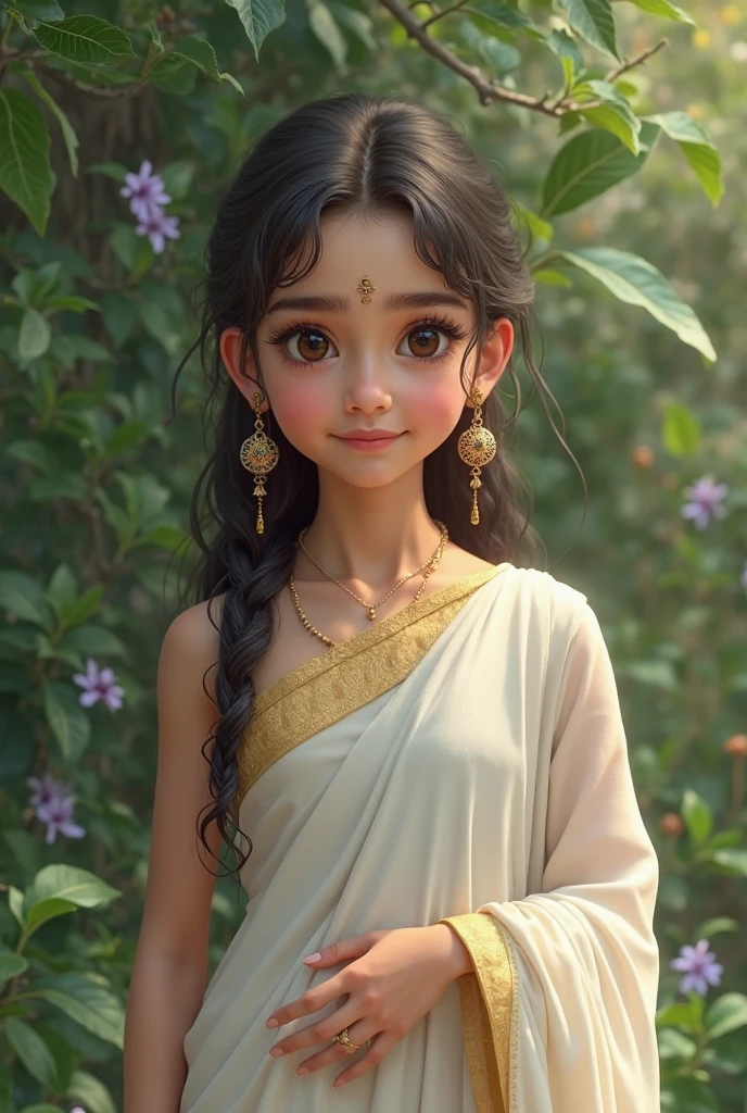 Kerala girl standing wearing white traditional saree and having a white garlet on her head with white small Jasmine flowers and holding a small hanging basket made with gold filled with red flowers of visiting to kerala temple