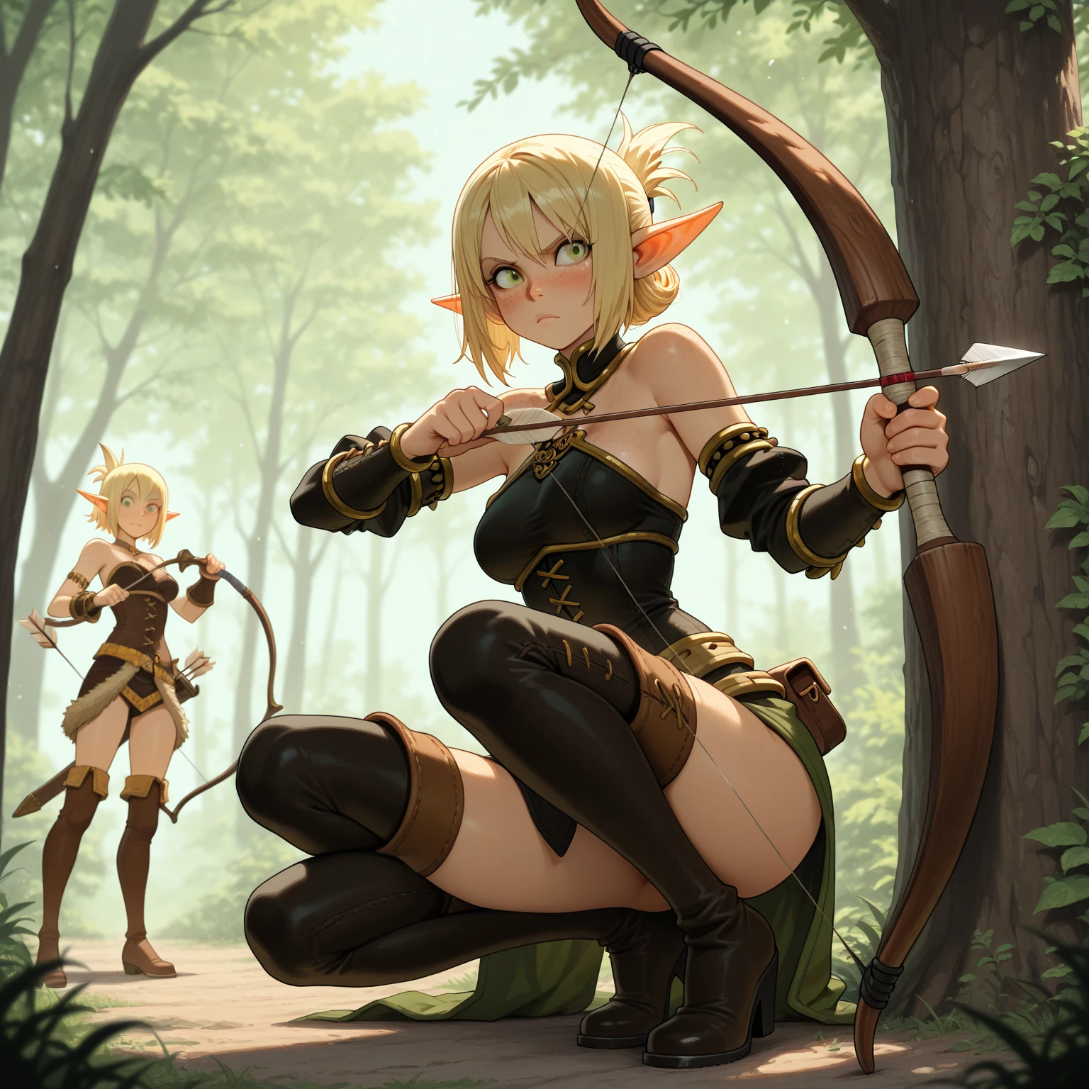 evangelyne,1girl, solo, thighhighs, blonde hair, weapon, gloves, green eyes, thigh boots, bow (weapon), boots, pointy ears, zettai ryouiki, bare shoulders, smile, <lora:ankama:0.8>, <lora:wakfuEvangelyne:1>