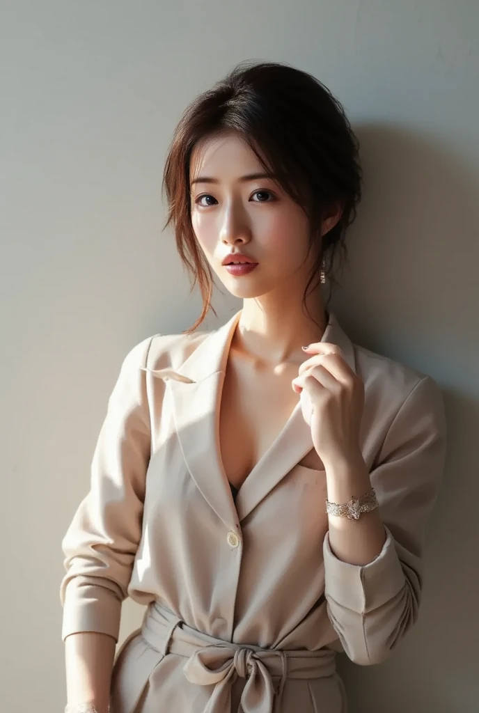 asian lady wear blazer, pencil skirt, black bra necklace, small breast, rounded shape breast, ((she)), ((mid-shot, full body, slender waist)), Hair Up Do、 Glowing eyes, nose blush, Carl Larsson, Alfonse Mucha, Chiaroscuro, Film Glenn, reflective light, (((mid-Shot))), waist to top,longshot show full body, masterpiece, high details, sun light on her, leaf shading, ((lean forward)) ,