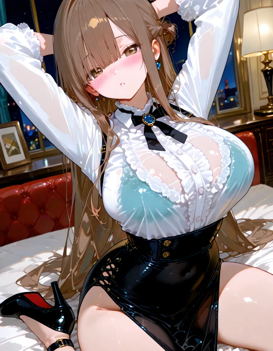 chizuru, 1girl, solo, long_hair, breasts, looking_at_viewer, blushing face, shy expression, bangs, medium_breasts, brown_hair, black_hair, brown_eyes, earings, upper_body, braid, lying on the bed, at night, mostly cloudy sky,(((tmasterpiece),(Very detailed CG unity 8K wallpaper),best qualtiy,cinmatic lighting,detailed back ground,beatiful detailed eyes,(Very fine and beautiful),(Beautiful and detailed eye description),ultra - detailed,tmasterpiece,)),facing at camera,A high resolution,ultra - detailed),wearing: bbunnysuit, pantyhose, fake bunny ears, wrist cuffs, bowtie,