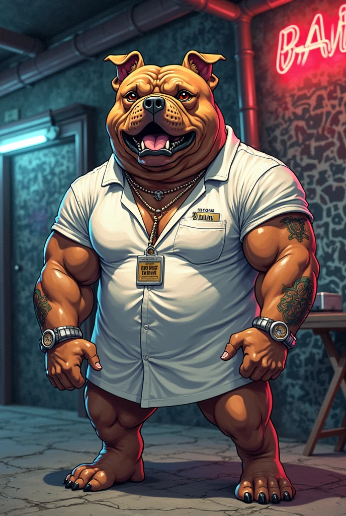 solo, anthro (Neapolitan mastiff, cane corso), full ears, brown and gray skin, detailed eyes,Street: 1.6, sweat, heavy breathing: 1.5, correct anatomy, biceps, (muscular) thin, tattoo, veins all over the body, (Normal clothing: 1.2), street background and parked antique cars, 8k hd, dark shadows