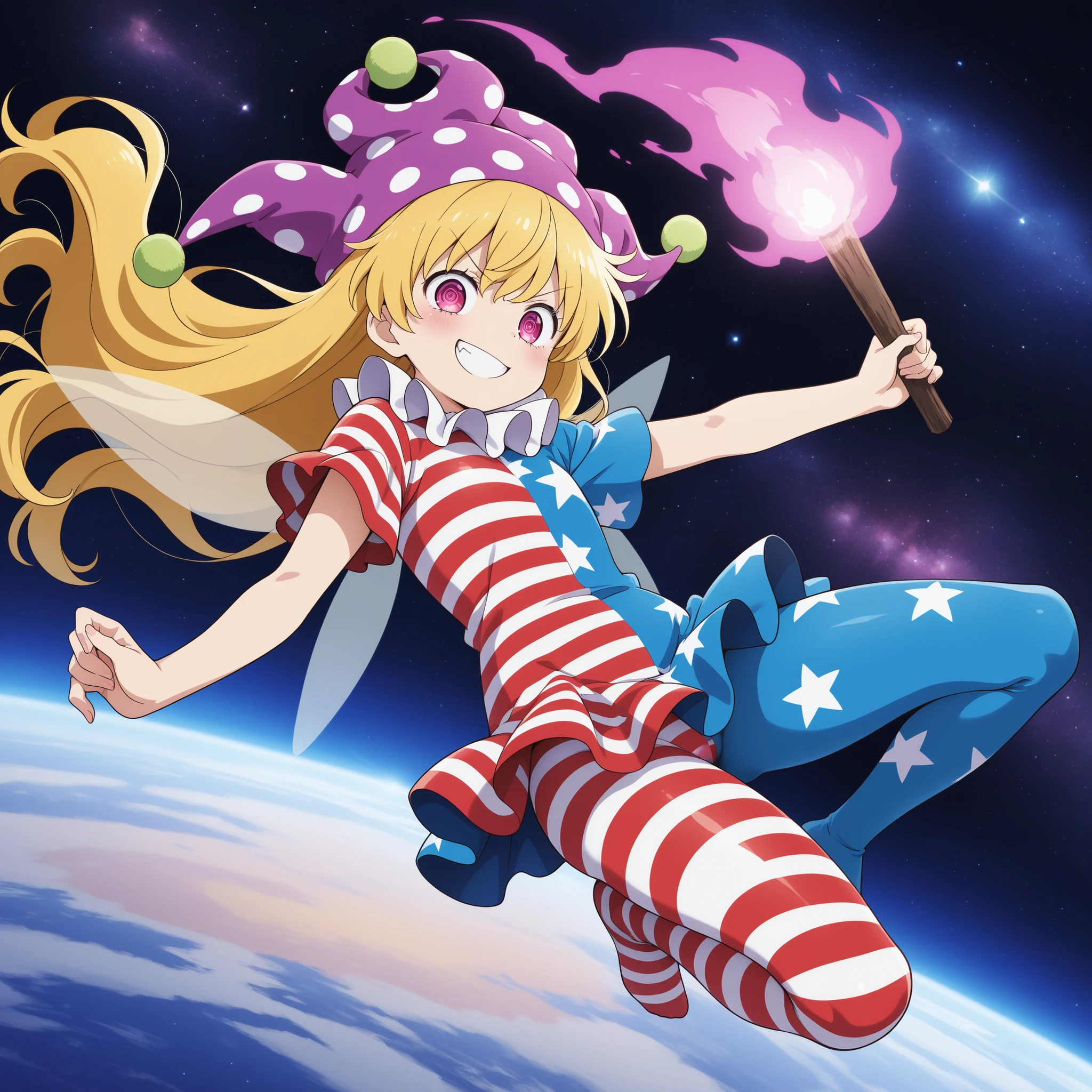 absurdres, highres, masterpiece, best quality, amazing quality, official anime artwork, screencap, anime screencap, in the middle of space, space background, space, galaxies,
clownpiece, 1girl, solo, pink eyes, spiral eyes, blonde hair, long hair, fairy wings,, jester cap, polka dot, inverted american flag legwear, american flag dress, star print, pantyhose, striped clothes,
dynamic pose, midair, flying, side angle, holding torch, angry smile, looking at viewer