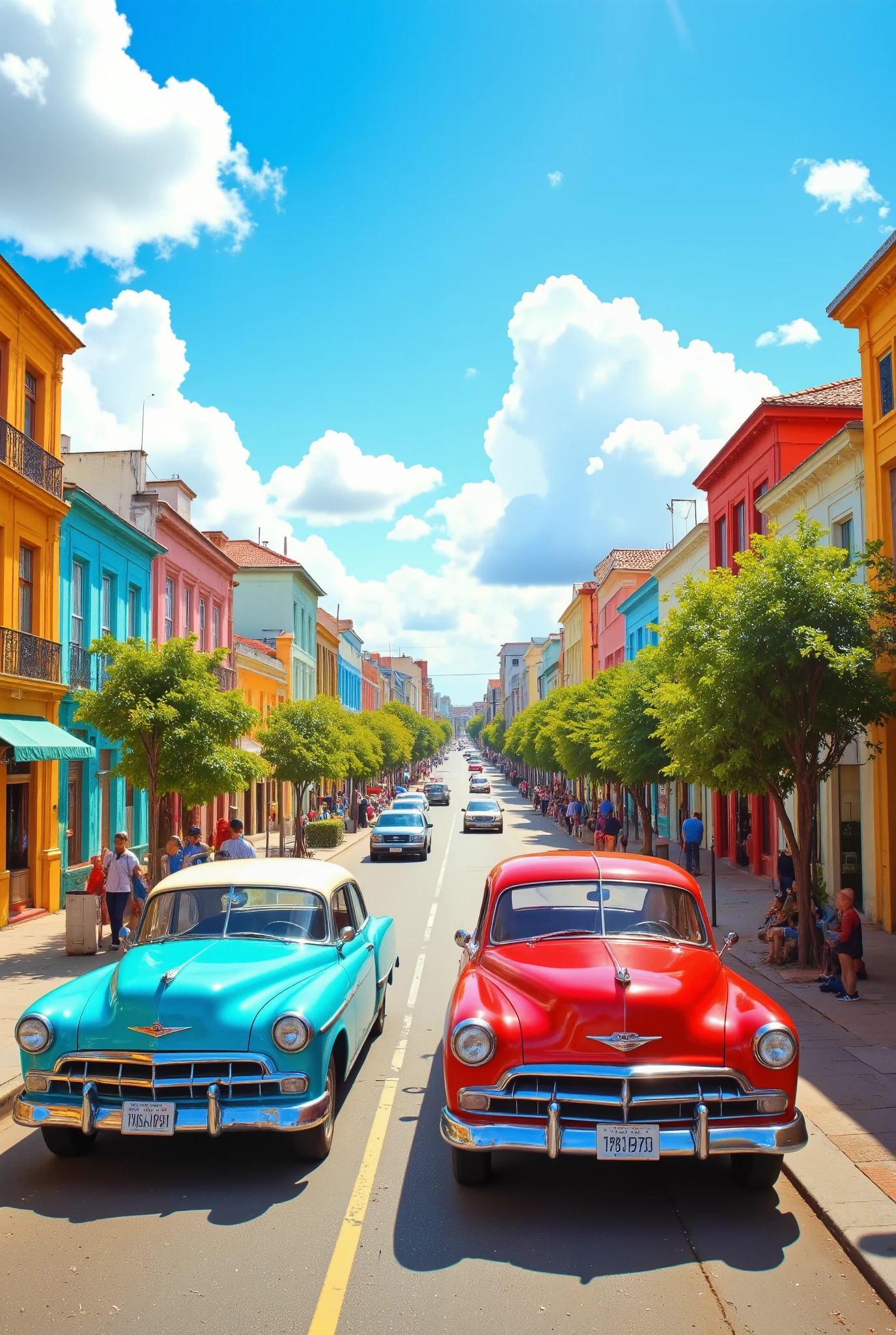 masterpiece、Highest quality images、Cuban Cityscapes、 Colorful houses々Classic Cars Driving on the Road Between Buildings、outdoor、colorful road、Clear Skies and Light Clouds、Cheerful Afternoon in the Caribbean、 Detailed Bahamian Streetscapes、Views of the cityscape、nature。