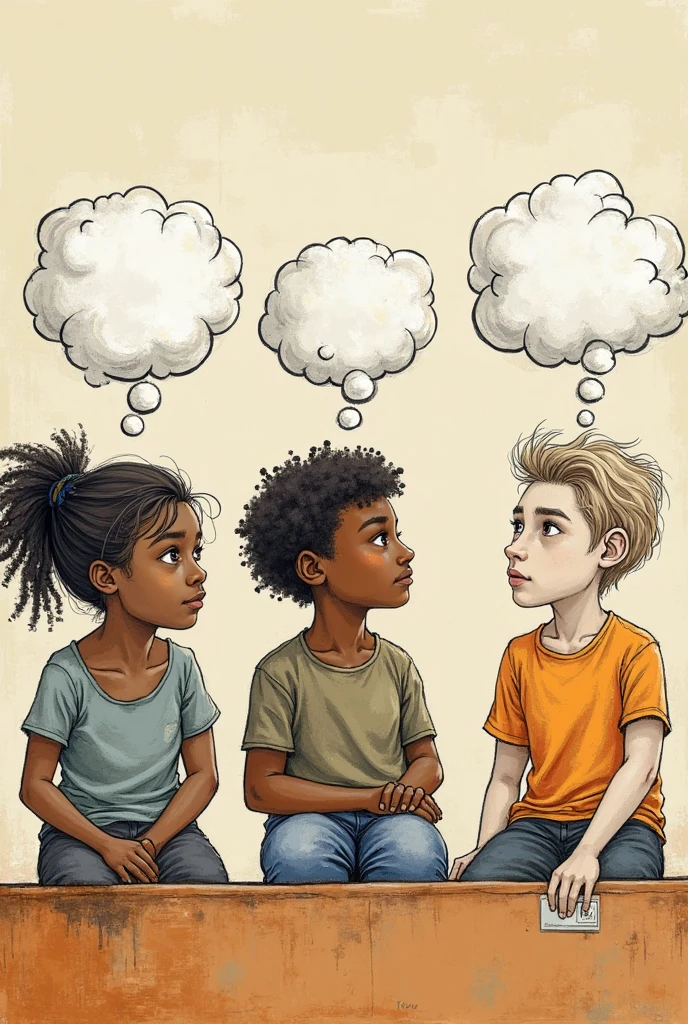 Generate an image of a child with 6 thought bubbles and in each one is one of these words: honesty, Loyalty, I respect, justice, humility and tolerance