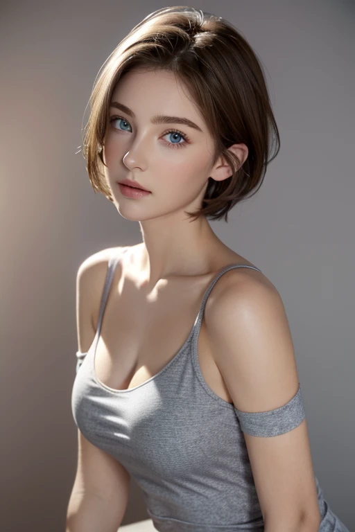 realistic, photo, brunette short haired, pale skin, 18 year old girl in pale pink bodysuit, medium breasts, Peter Lindbergh, beautiful, camelote:0.5