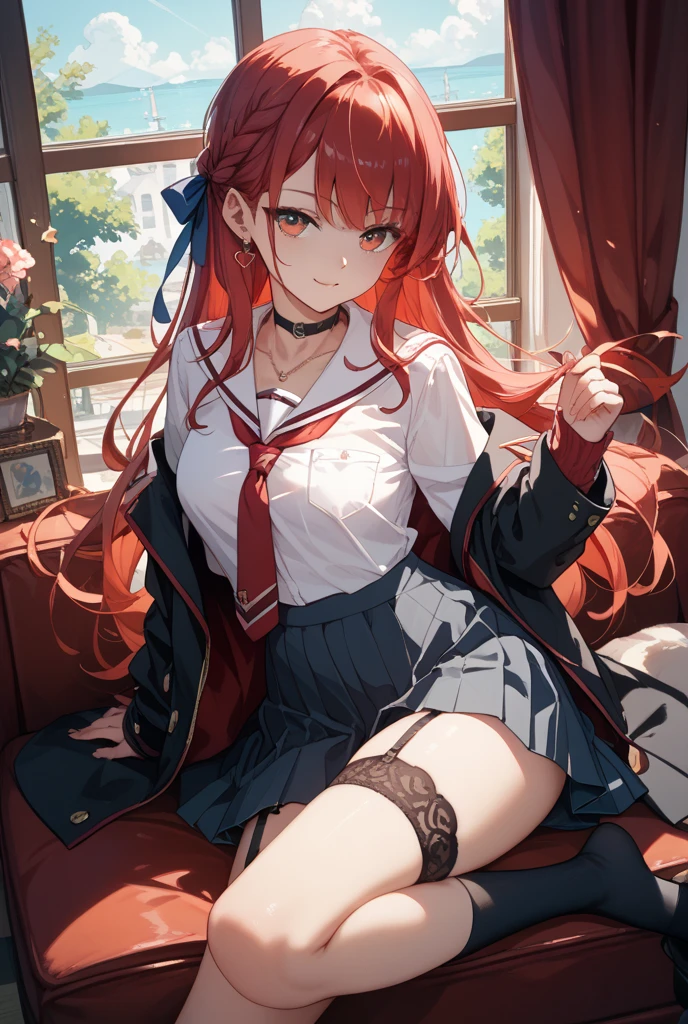 (1girl:1.3), Masterpiece, Best quality, amazing beauty, 4K, absurdres, finely detail, super detailed eye, perfect anatomy, official art, cinematic lighting, BREAK, room, silky long hair, asymmetrical bangs, red hair, super shiny detailed red eyes, closed-mouth smile, eyewear, excited face, bashful, BREAK , usually, medium, sweaty skin, sitting chair, spread legs, full body, from front, Bold composition, spoken heart, BREAK , (school uniform:1.2), BREAK,()