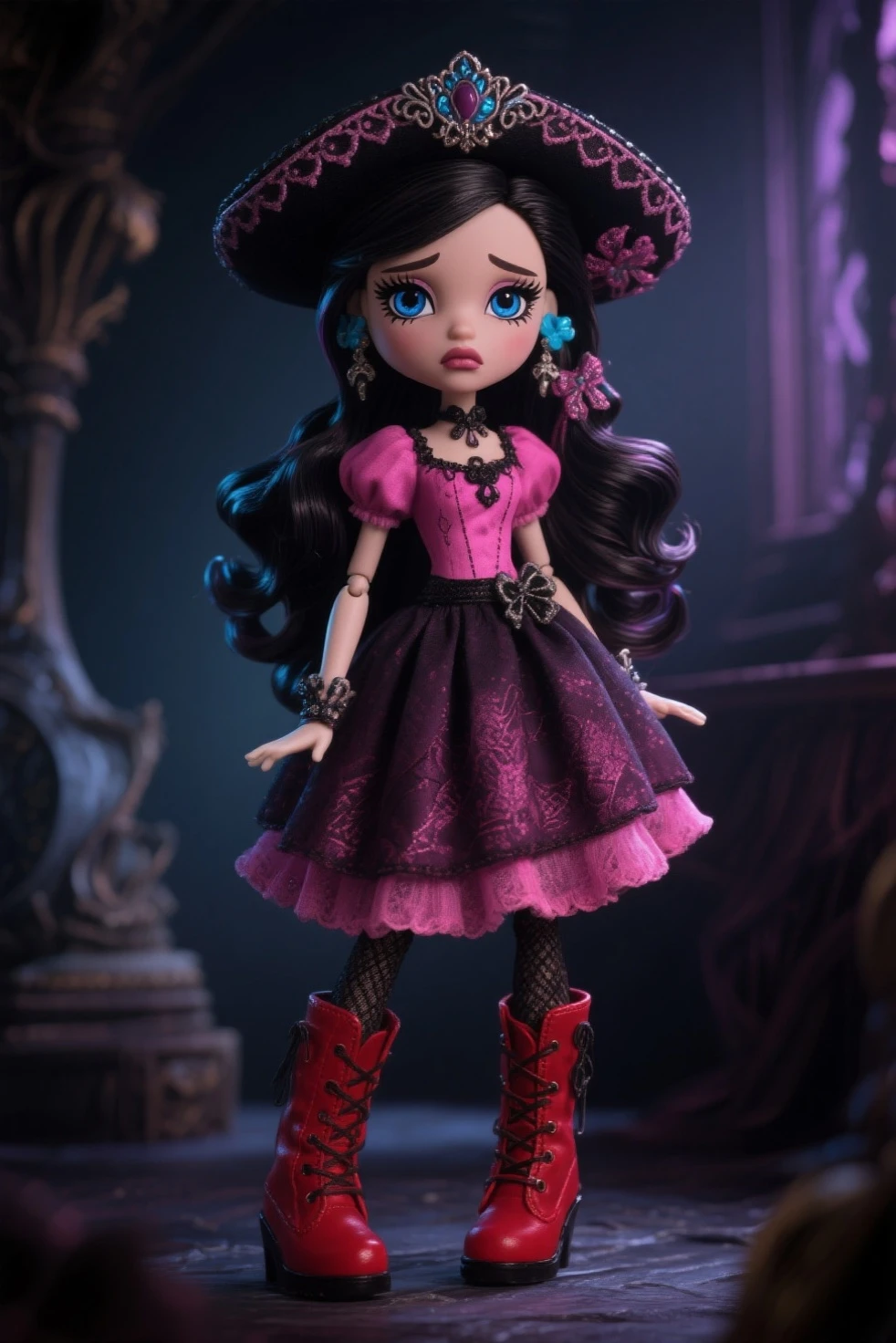 Bratz girl with detailed eyes and big lips and black hair, wearing versace colorful flowers dress , full body , plastic skin , doll joints , ,(masterpiece, top quality, best quality, beautiful and aesthetic:1.2), houraisan_kaguya_touhou, doll, revealing clothes, big head, 1girl, solo, breasts, curvy, wide hips, narrow waist, joints, doll joints, cleavage, bursting breasts, huge breasts, lips, long_hair, black_hair, very_long_hair, bow, smile, bangs, red_eyes, brown_eyes, full body, high heels, thighhighs