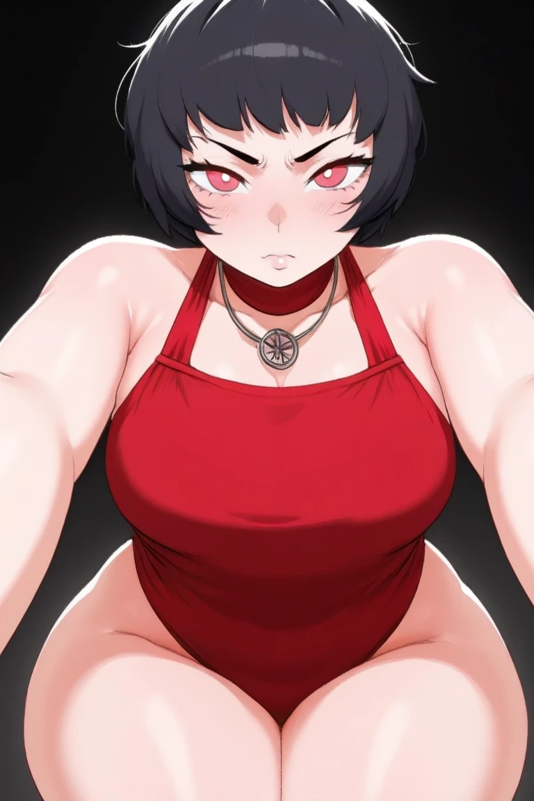(masterpiece), best quality, expressive eyes, perfect face, ((beautiful face)), big breasts, cleavage, sexual, bikini, red eyes, black hair, multicolor hair, red streak in hair bangs, hair over one eye, pixie cut, black nails, black lipstick, pale skin, freckles, shortstack