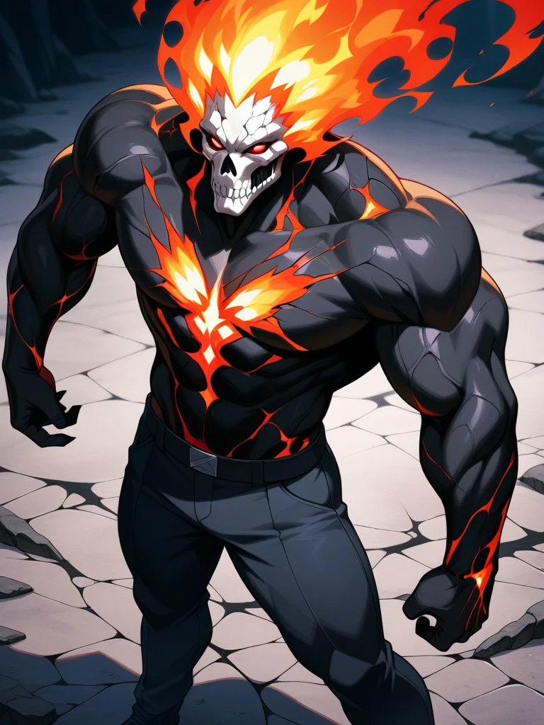Absurd, high resolution, super detailed, official art, unified 8k wallpaper, super detailed, beautiful and aesthetic, Obra-prima, best quality, short white hair, dark skin, horns on the head, handsome boy, skull face, chest muscles, abs, tattoos, flame, glowing red eyes