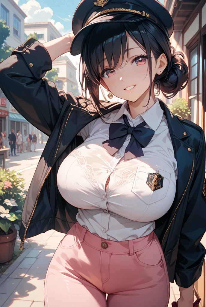 Anime illustration、High resolution、smile、A busty high school girl shows off her charms in a blazer at dusk in a shopping district、Ribbon tie、mini skirt、Rumi Tsurumi、Perfect proportions、Cowboy Shot、Plump thighs、Sharp Eyes、Sweaty