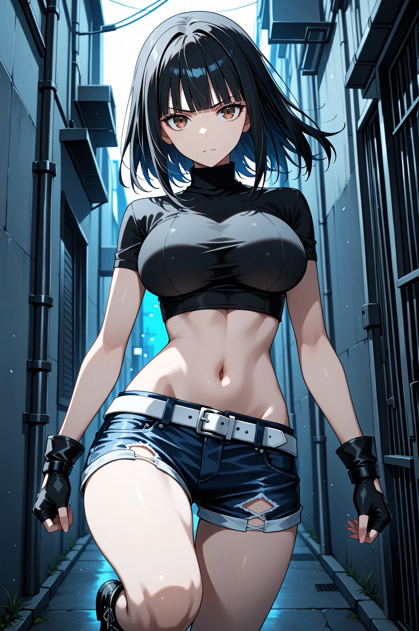 1womanl, Kayoko , short purple and white hair , (big boobies), shame face , black bikini , leather jacket , Abdomen , Legs long , hands on hips , Bare feet , abandoned factory
