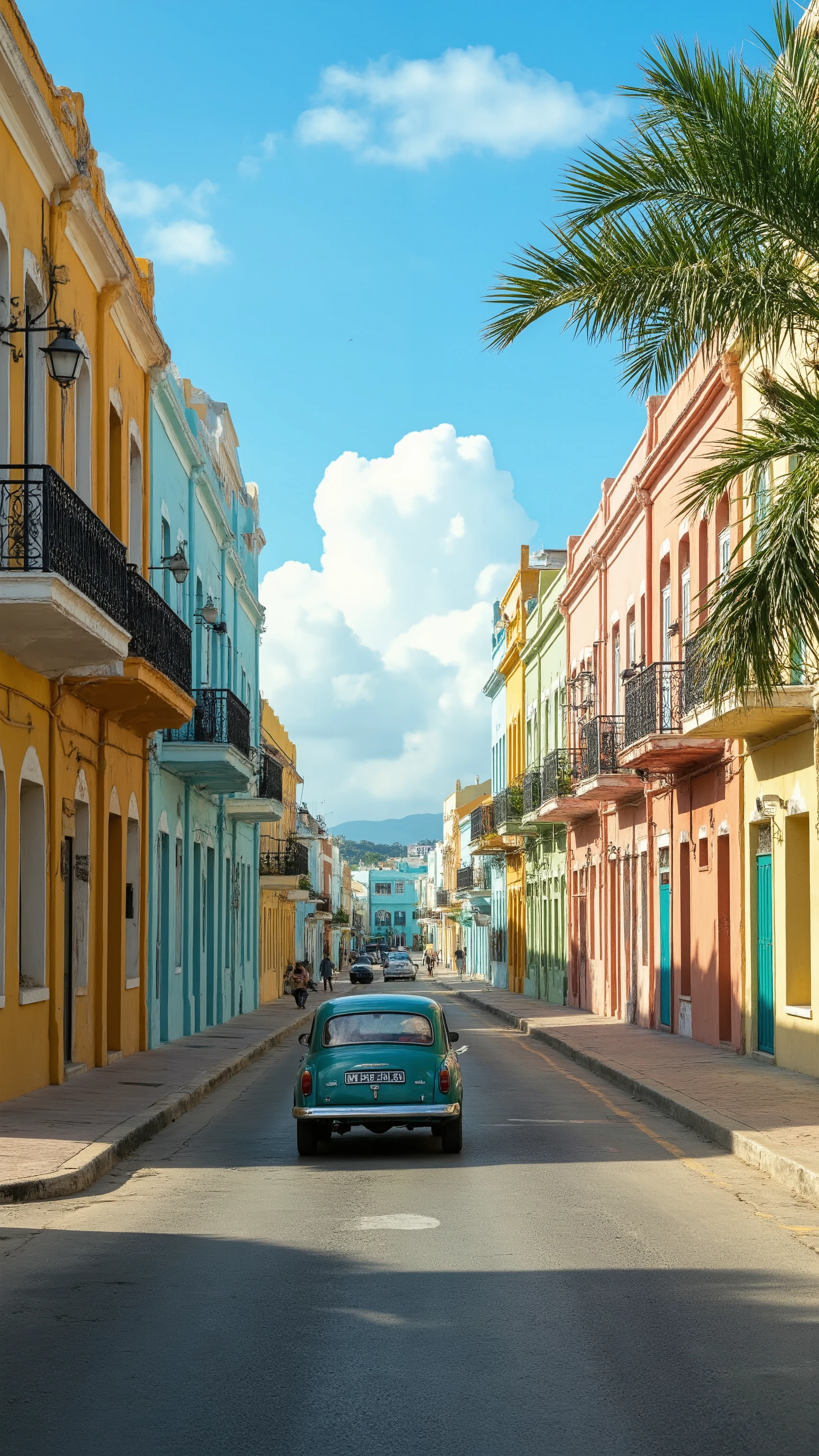 masterpiece、Highest quality images、Cuban Cityscapes、 Colorful houses々Classic Cars Driving on the Road Between Buildings、Clear Skies and Light Clouds、Cheerful Afternoon in the Caribbean、 Detailed Bahamian Streetscapes、Views of the cityscape、nature。遠くに海が視える。