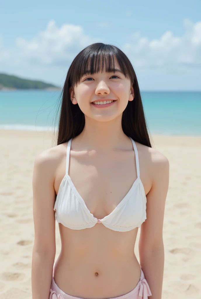(masterpiece、high resolution、high quality)、Japanese beautiful girl:1.3,15-year-old junior high school student、Immature body、Beautiful body、Soaring、night、Laughter、Clear Eyes、Beautiful Skin、low length、Colorful bikini、Her breasts are exposed from her bikini、topless、 fully visible、No underwear、Small breasts、Small cherry-colored areola、Erect nipples、Slim waist、Shaved、Tropical Sea、Walking along the edge of the waves、Professional Photography、Full nudity