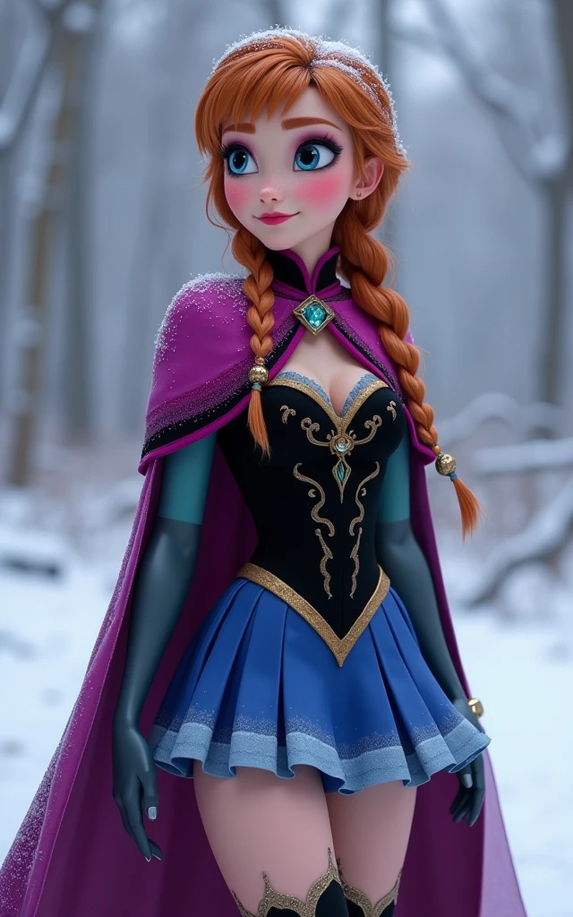 score_9, score_8_up, score_7_up, realistic, beautiful eyes, 1girl, solo, 21yo,
((blue dress, long skirt, elbow gloves, red cape, capelet, corset, cleavage, twin braids)), boots,
(complex detailed background, Norwegian forest, winter, snow, depth of field), (naughty expression, sexy pose, full body, dynamic angle:1.2), erotic, elegant, sensual, seductive,
zPDXL, <lora:AnnaXLP_character:0.8> (annaxlp), <lora:XLPCharacterDesign_Concept:0.5> ((CharacterDesignXL), (CharacterSheet:1.2), reference sheet, (full body, from side, front:1.2), upper body),