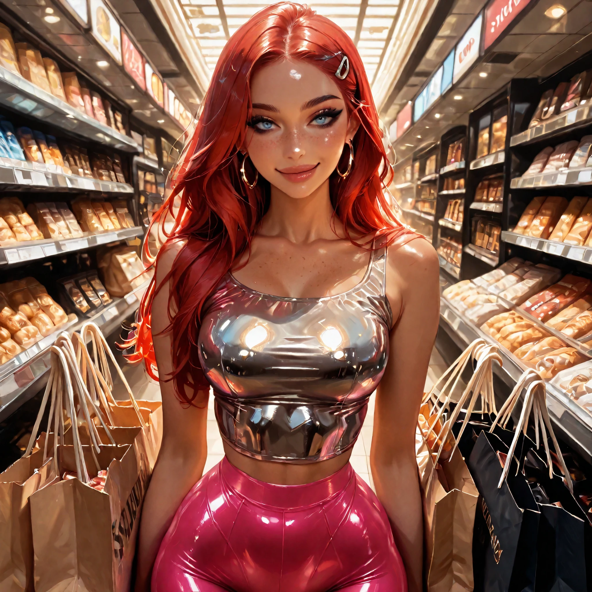 facing away, looking over shoulder at viewer, smiling big, in a shopping mall, seductive lips parted, long hair, red hair, carrying shopping bags, heavy eye makeup, metallic top, shiny pink leggings, carrying shopping bags, skinny, looking over shoulder, 1girl, Solo, High Resolution, looking at viewer, Bangs, Masterpiece, High Resolution, Anatomically Correct, Detail, High Details, High Quality, Hoop Earrings, cute freckles, Jewelry, Hair Clip, Backlighting, Bloom, Cinematic Lighting, God Rays, score_9, score_8_up, score_7_up, cinematographic film image, medium firm breasts, dark eyeliner, shiny lips, full lips, blue eyes