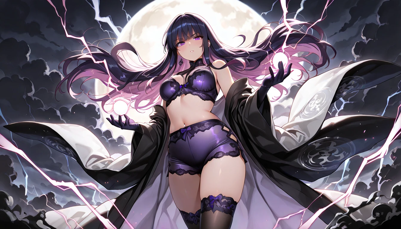 perfect hand,perfect anatomy,big moon night,masutepiece,Best Quality,Ultra-detailed,High resolution,Unity 8k壁纸,super detailed skin,Cinematic lighting,Beautiful detailed eyes,(Ideal ratio body proportions,gigantic very sagging breasts:1.5), underboob, (Small bikini:1.4),((slim)), Thin, an hourglass figure, Toned, Flat belly, (wide hips), (bear a child on the hip), micro bikini, thick thighs
