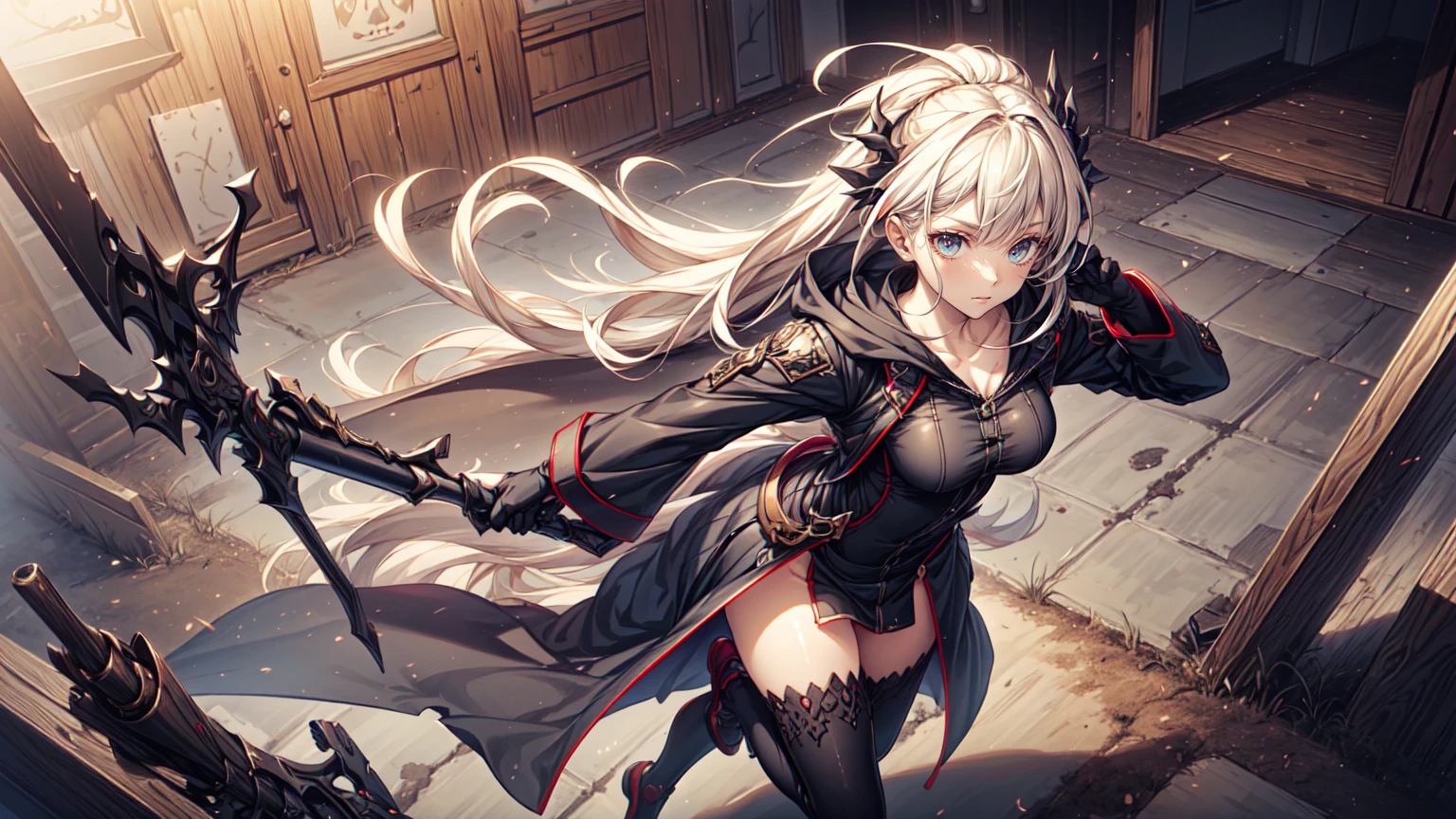 masterpiece, high quality, inside underground ruins, 1_woman, full body, mid-jump, mid-air, holding japanese katana, (exotic skin_complexion:1.4),mature, leaping at camera, tall, beautiful, exotic, with long elf ears, looking to the side, long hair, silver hair, detailed face, angry expression, anime fight pose, having diamond shaped eyes, blue eyes, (dark_eyeliner), long_eyelashes medium_bust, thigh gap, wearing Steampunk corset, chest window, brown shorts, crossing belts, (goggles on head), red tinted goggle lenses, long fingerless_gloves, belts with metal gears, (((brown half skirt))), making fist, black thigh highs with embroidery, knee boots with laces, dynamic lighting casts detailed shadows