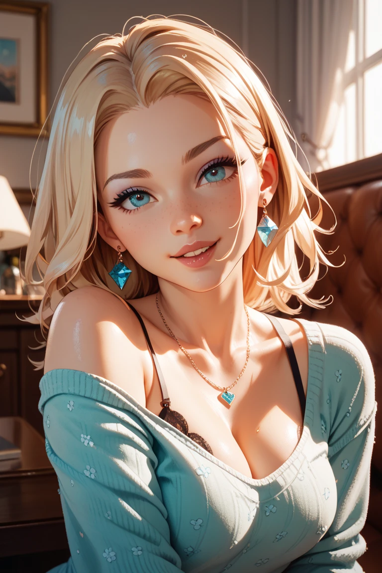 1woman, leaning forward, winking, , smiling, looking at viewer, centered, choker , blondde hair, , dark blue eyes, piercing eyes downblouse, loose t-shirt, medium breasts, masterpiece, intricate, realistic, cute face, sharp focus, award winning photograph, white shirt,