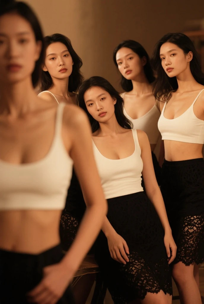 (Highly detailed body,Highly detailed face,the best quality:1.2) ,a woman with,Look at viewers,(Pink bandeau,Short black pants),(The catwalk in the background is unoccupied:1.4)
