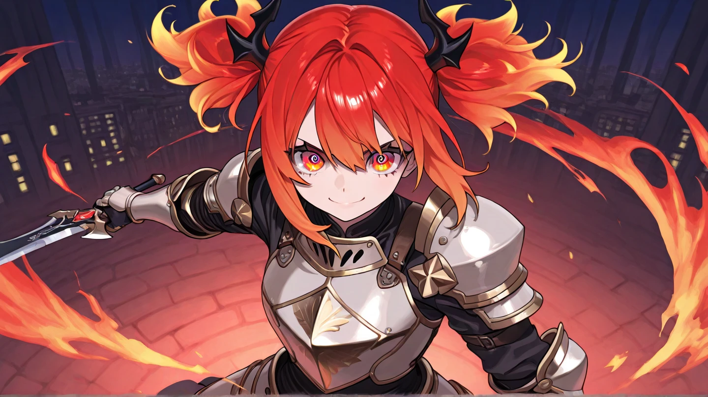 ((masterpiece,best quality)),
<lora:Twilight_Theme_Zelda_Anime:0.8>, (Twilight_Theme_Zelda), glow, glowing, green glow, dark skin, grey skin, glowing tattoo, pointy ears,
1girl, smile, red eyes, orange hair,  yellow sclera, 
smug, shiny metal, fingerless gloves, armor, holding sword, shoulder armor, gauntlets