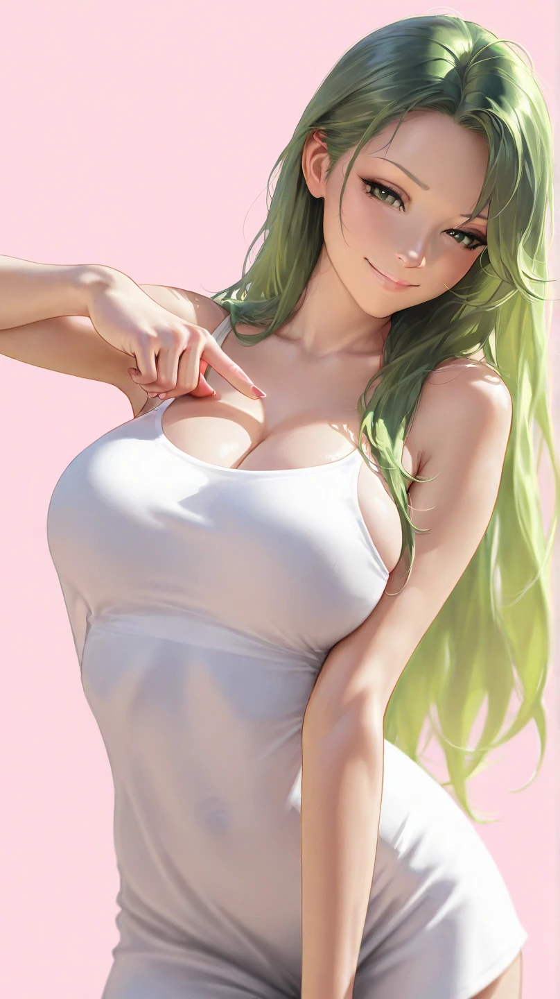 1girl, beautiful fair skin, blue eyes, long wavy green hair, white tank top, yoga pants, medium , cleavage, large breast, dynamic poses, toned abs, cute shy smile, blushing