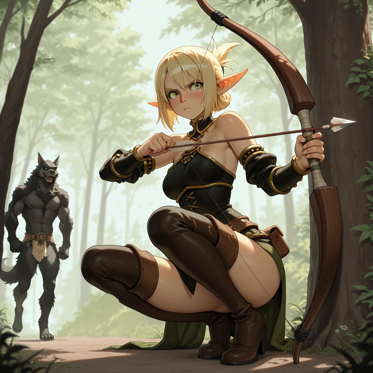 (work of art)(best qualityer)1 female character, has blonde hair, has blue eyes, has elf ears, has a hairstyle with two braids, wear a top, (Detailed abdomen)(Athletic body) has wide hips, use a crossbow, is naked on all fours in a medieval forest(pose sexy)