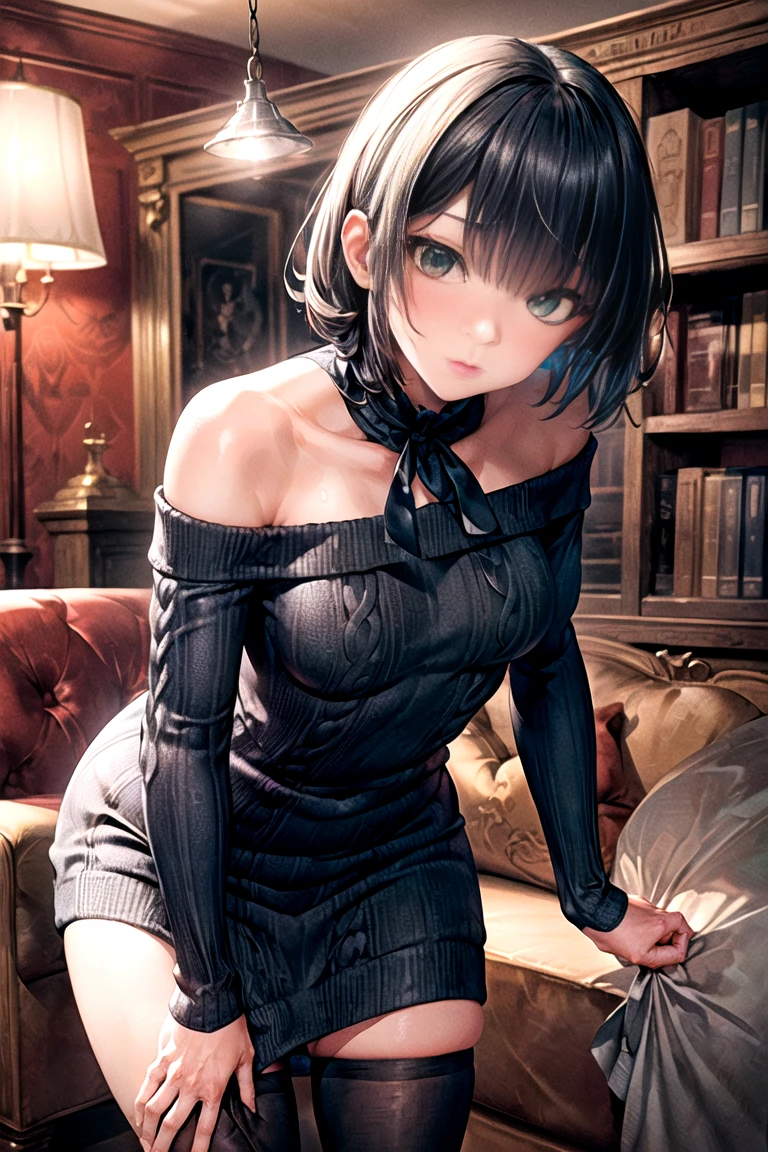 ((Masterpiece: 1.5, Best quality, High resolution: 1.3, Super resolution, Super detailed, Ultra detailed:1.3, Rich background:1.2)) (girl 1) dark skin + tan skin + green eyes + black hair + short hair + body curvy + small boobs + wide hips + many freckles on the shoulders and cheeks (black tight dress, large red open cotton sweater, small neckline, cute necklace, morden clothes) (positive and naughty attitude)