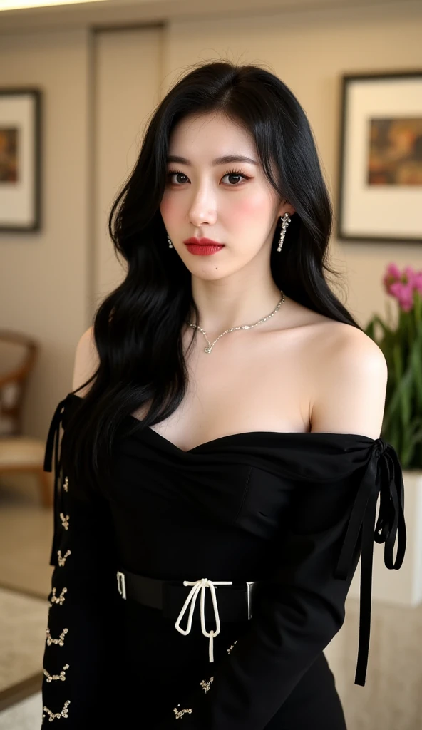 A young woman who is turning her side and looking at the camera.,long-haired,Black eyes,to reverse light,firelight,Black dress,Sexy outfits,