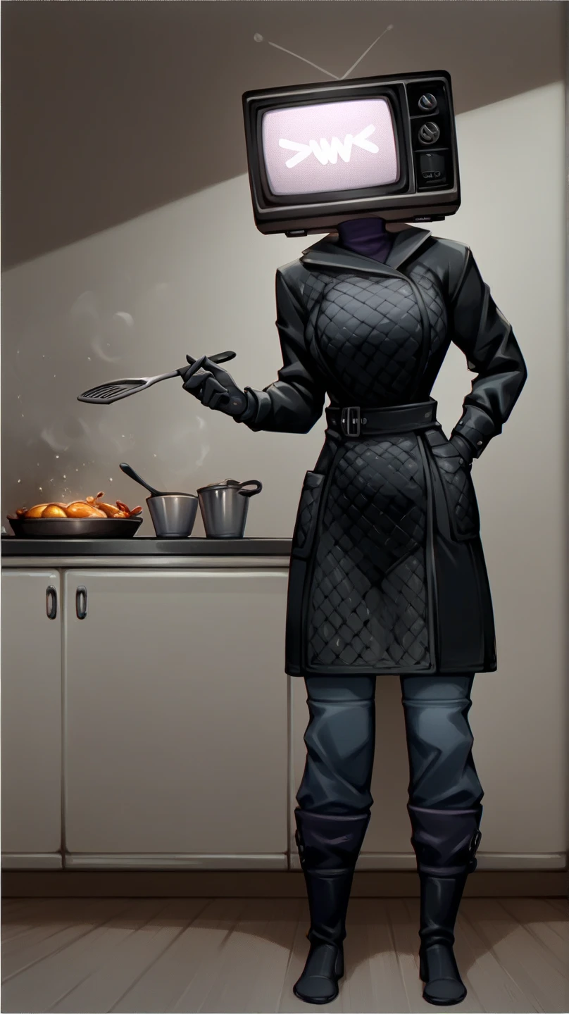 Masterpiece, best quality, Masterpiece, best quality, 1 woman , black skin , cooking , long black hair , sly face , smile , black bikini , abdomen, big breasts , Long legs , Barefoot , hands on hips , alley 