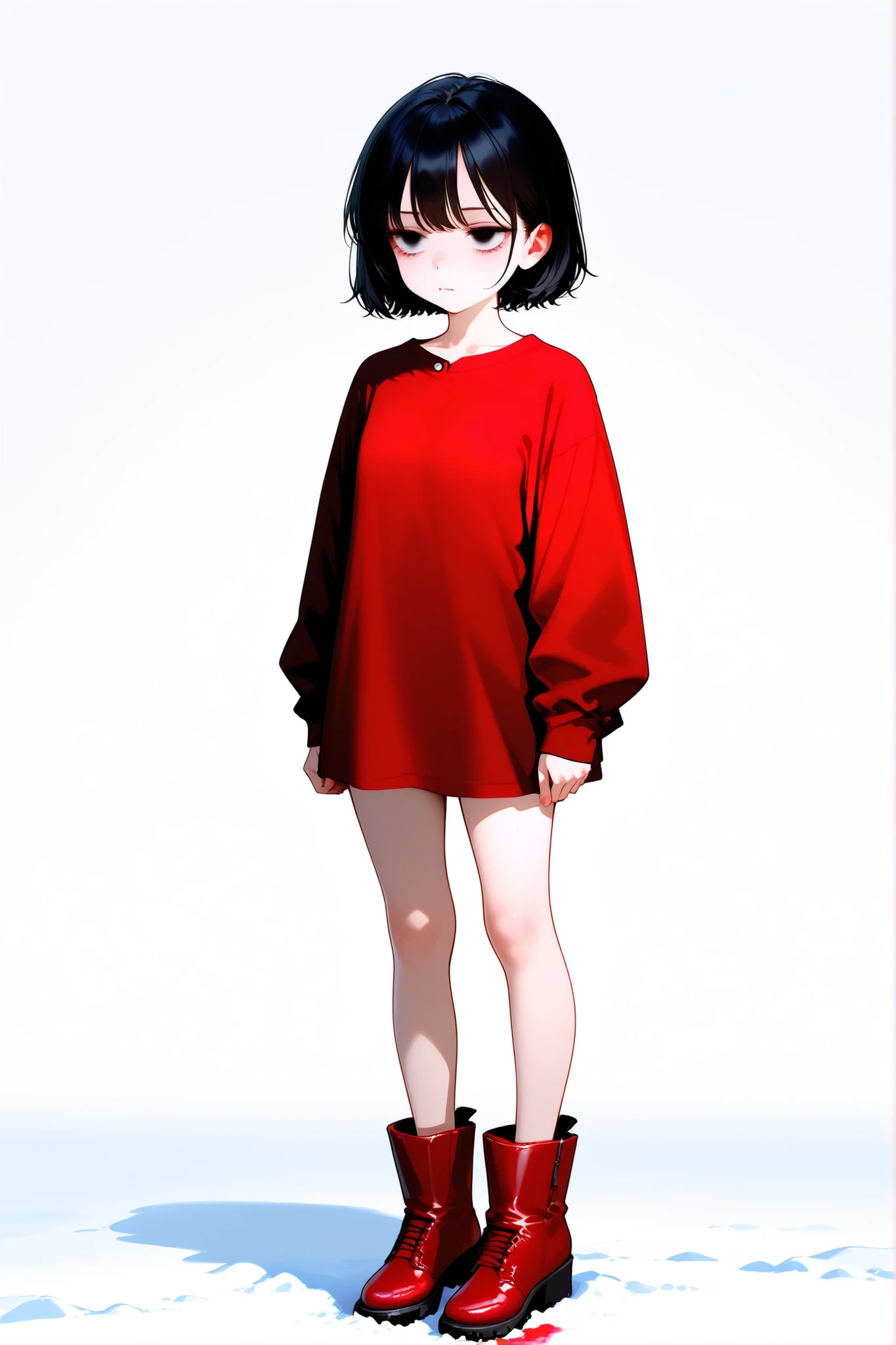 Short  girl, red mini shirt, red short, red boot's, black short hair, cold looking eyes, standing still, looking at, solid white background, solid clear white floor