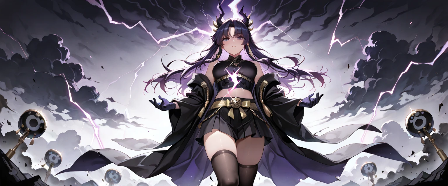 Golden Eyes、(Best Quality,4K,8K,hight resolution,),Ultra-detailed,Golden Eyes,Golden Eyes,(Curly,Wavy) Black-purple hair,Black bra top, White Hot Pants, Purple tights, long boots, adventurer, Standing Pose, Black jacket、small stature、Colossal tits、Navel Ejection、look down from above、full body seen、Dynamism、Golden Eyes、