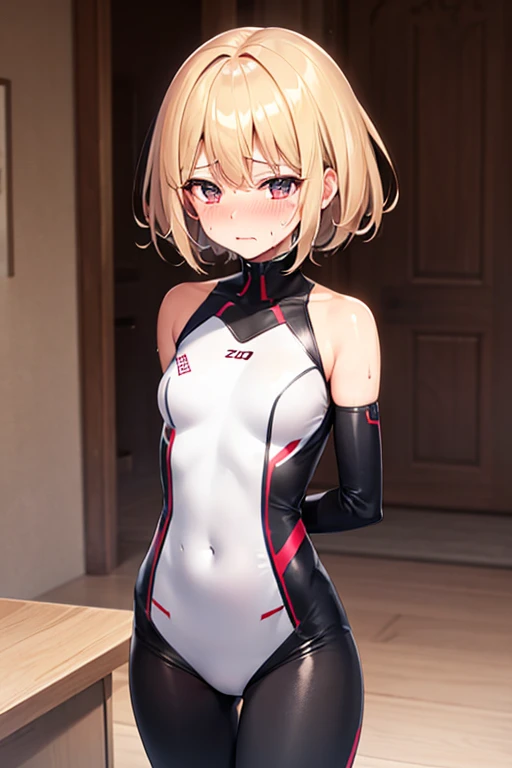 masterpiece, best quality,anime style, 1 girl,(((slender body))), (((small eyes))),(((athlete suit,red hair ribbon))), (beautiful face), (((short hair))), (((straight hair))), ((((blonde hair)))),detailed beautiful skin, (perfect hands, perfect anatomy),scream