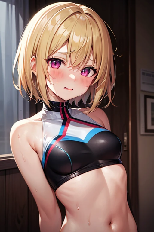 masterpiece, absurdres, best quality, ultra detailed, high Resolution, detailed illustration, bright colour, (extremely beautiful detailed face and eyes, Delicate beautiful face, 1 girl, cute face:1.3), (magenta eyes:1.1), sparkling eyes, big eyes, medium breasts, (perky breasts:1.1), (pointy breasts:1.1), medium hips, glamorous body, white skin, BREAK, long bob cut, (blonde hair:0.8), messy hair, detailed hair, shiny hair, BREAK (strapless mini training wear, down blouse:1.5), perfect lighting, (embarrassed:1.5), (ecstasy, vulgarity:1.5), (trembling:0.8), (View from below:1.5), training,