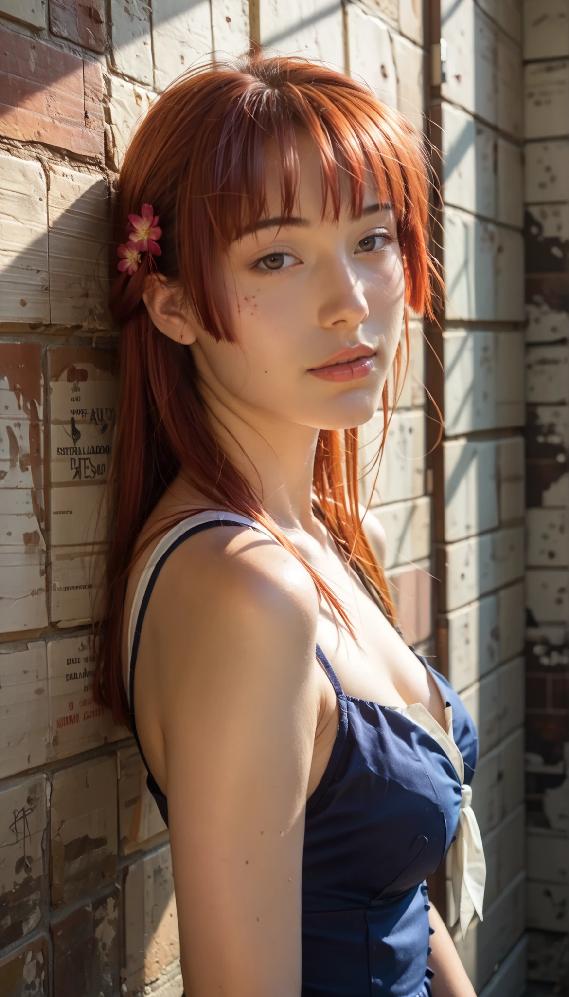 ((masterpiece, highest quality, Highest image quality, High resolution, photorealistic, Raw photo, 8K)), ((Extremely detailed CG unified 8k wallpaper)), (Sakura Kasugano, very hot and sexy, jaw-dropping beauty, perfect proportions, beautiful body, slim body beauty:1.4), busy school background, she wears a short blue skirt with a white Japanese school uniform blouse, beautiful face, sunny day with amazing sun rays, focused look
