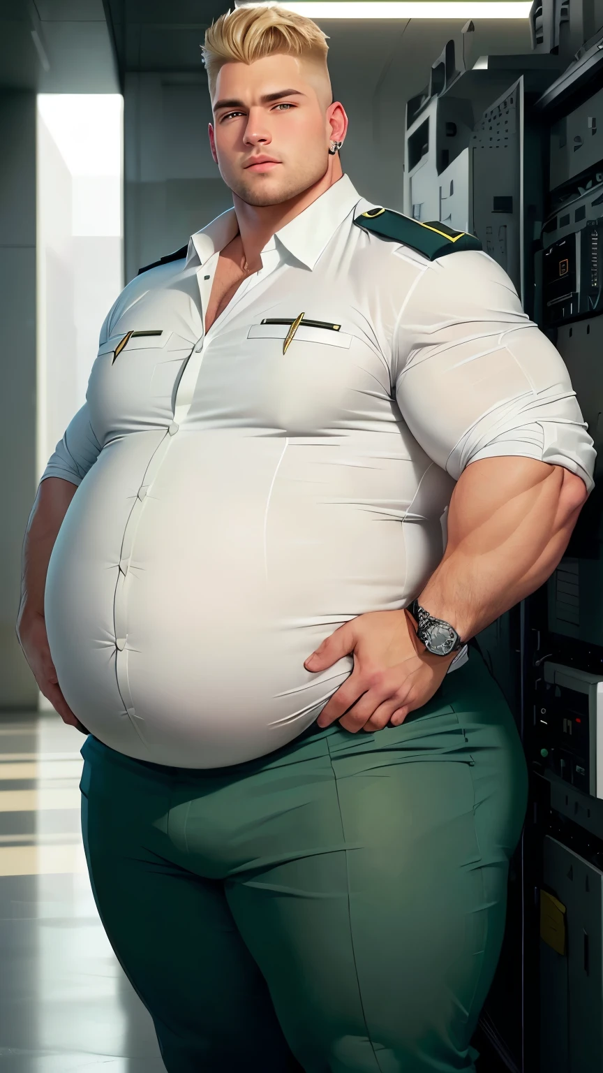 Young modern extremely handsome muscular bulky young male pilot with rotund blob like belly in pilot uniform, blond fade hair, small silver earring, piercing green eyes, extremely handsome and hunky masculine chiseled face, wearing tight white pilot formal shirt that straining over huge massive obese pregnant like blob gut, extremely skintight white pilot formal pants showcase his muscular plump thighs. ultra-detailed, realistic, photorealistic, 8k, best quality, highly detailed, sharp focus, physically-based rendering, vivid colors, professional photography, daylight