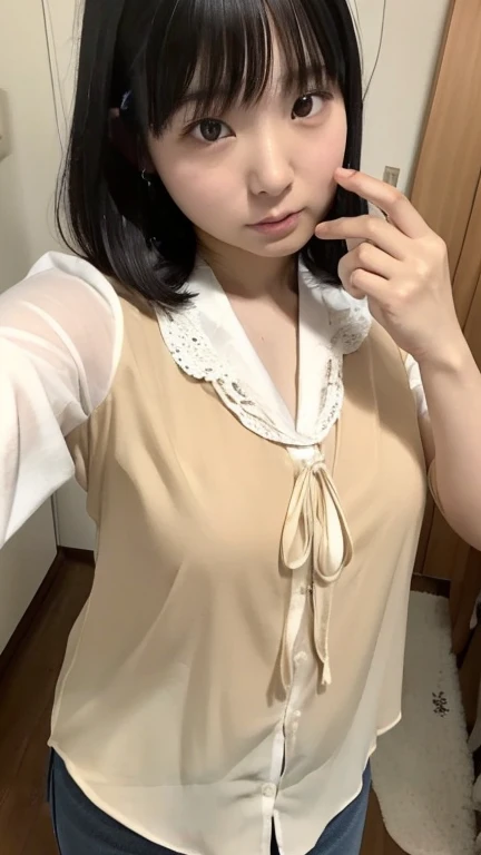 ((highest quality)), ((masterpiece)), (be familiar with), Perfect Face, Mature Woman, 50 years old, Japanese, Super big , Large areola, Erect nipples, Round Small face, Big Nose, Slit eyes, Cat-like eyes, , Big Ass, Upper body portrait, Tank top, Thin fabric hot pants,bra, Wavy Short Hair,