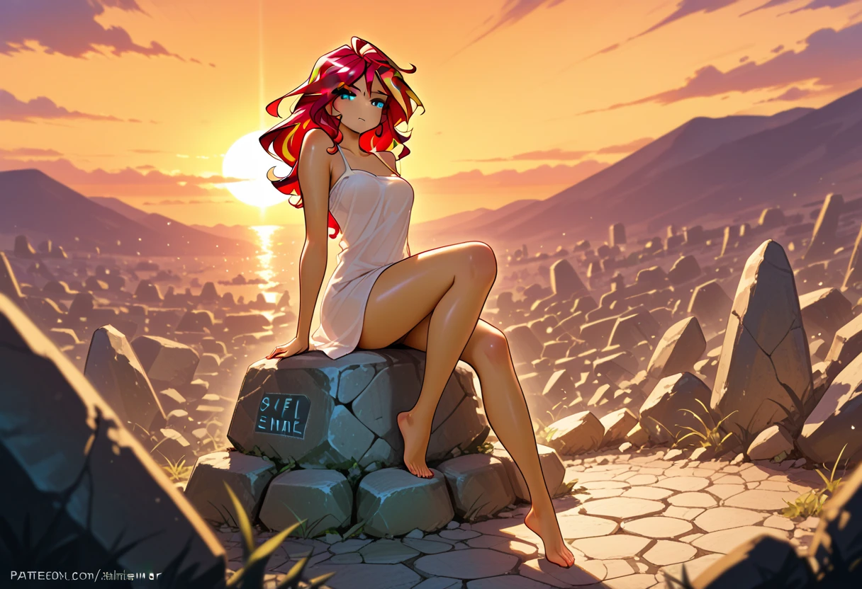 score_9, score_8_up, score_7_up, score_6_up, score_5_up, score_4_up, (Sunset Shimmer from equestria girls), 1girl, solo, sunset shimmer focus, movie accurate equestria girls, detailed, naked, fully naked, view of full body, nsfw, ginger pubic hair, beautiful, female, vector, medium breasts, abs, vulva, cute, natural light, (standing splits, single legs to chest, stretching, open legs), Standing on cliff edge, warm light, closed eyes, relaxed smile