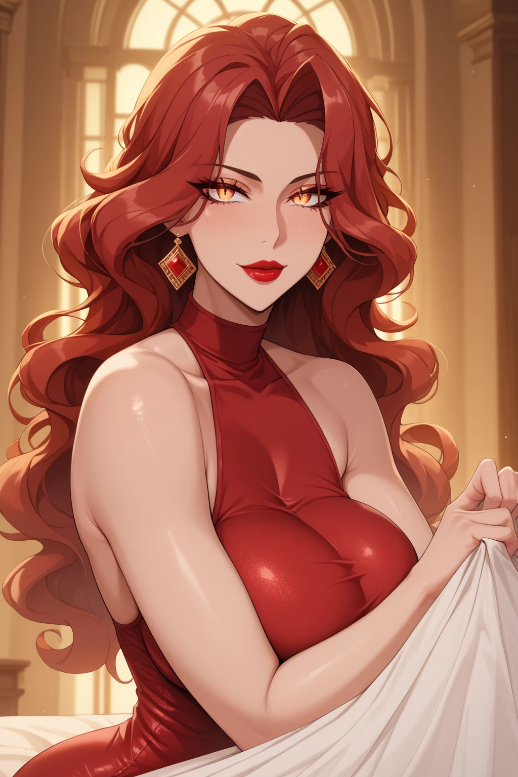 Beautiful seductive angry woman in kitty red dress 