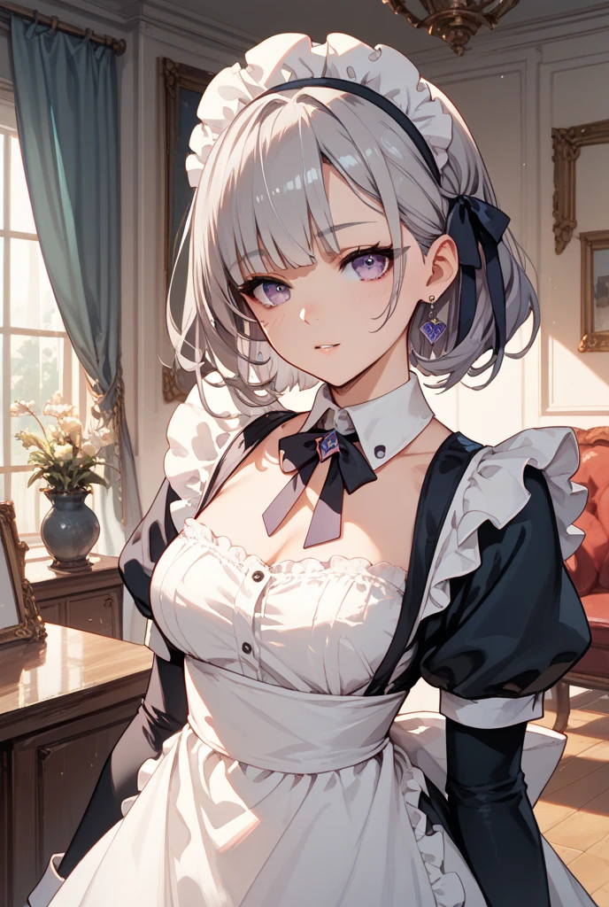Absolutely beautiful cat lady, perfect slim body, mature royal sister, gray hair, royal sister face, maid outfit, sexy and alluring, beautiful face, bust, 4K picture quality, big body, feminine expression, blush shy, large bust, deep eyes, half naked