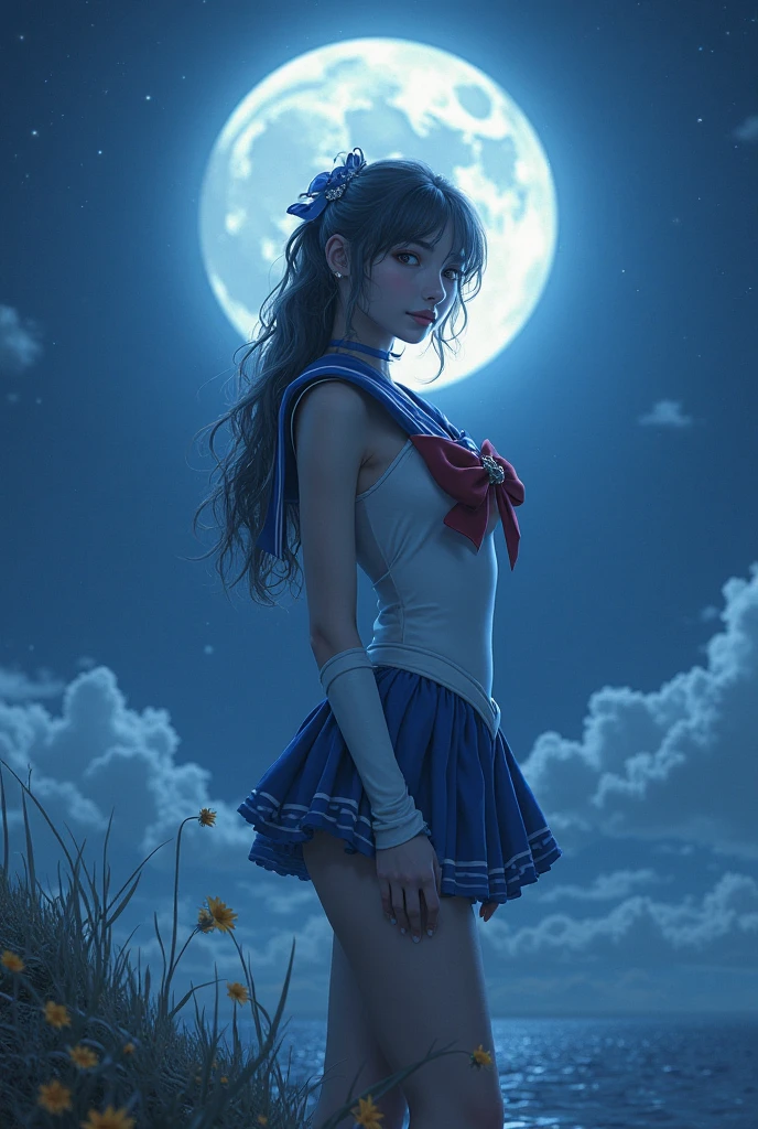 Sailor Moon standing on a reflective surface with the bright white moon visible in the distant sky.