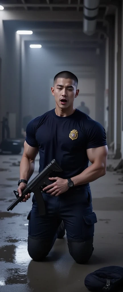 Arav man in camouflage clothing holds a gun and a gun in his hands, Asian men, Korean male, Perfect military calm, lean but muscular, Korean muscular man 2 1 years old, Cai Xukun, Have abdominal muscles, [ Strictly defined abs ]!!, yanjun chengt, Rugged Soldier, torn, inspired by Kim Hwan-gi