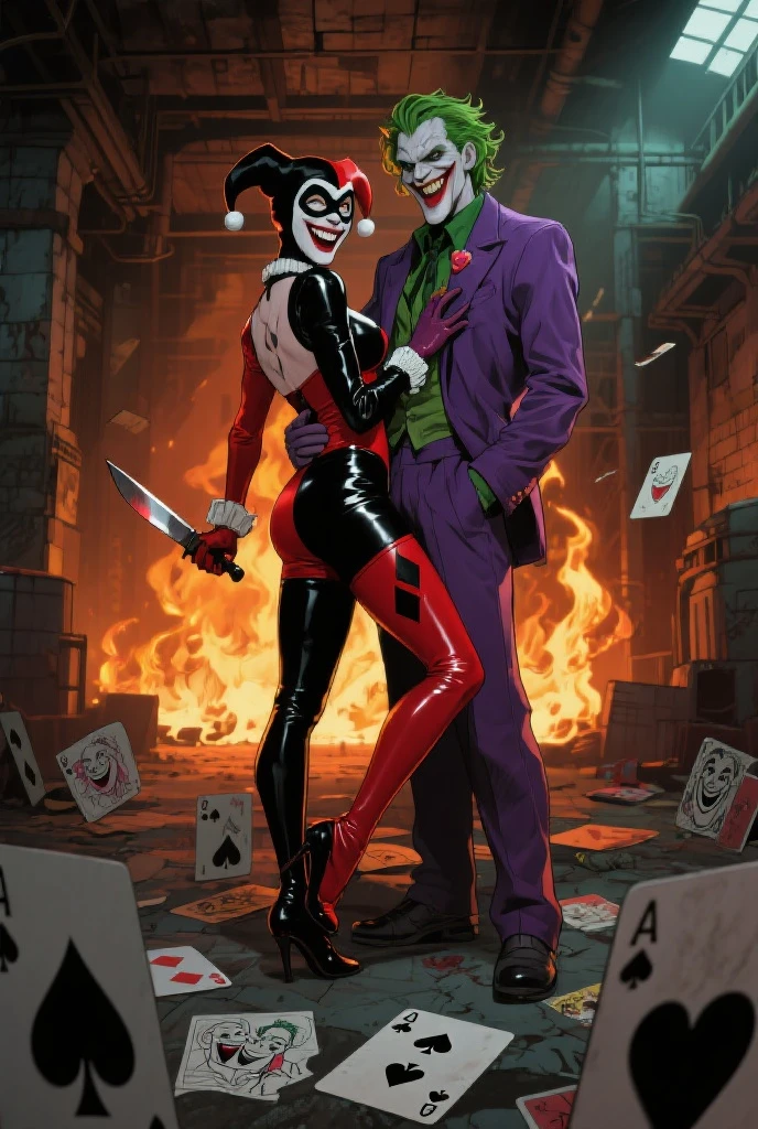 Harley quinn sitting on bed while joker is standing beside her smirking ... Joker should be handsome man dark aesthetic background at night in road in anime version she is holding a baseball bat in her hand ... She is wearing hot clothes ... She is on badass pose like a villain