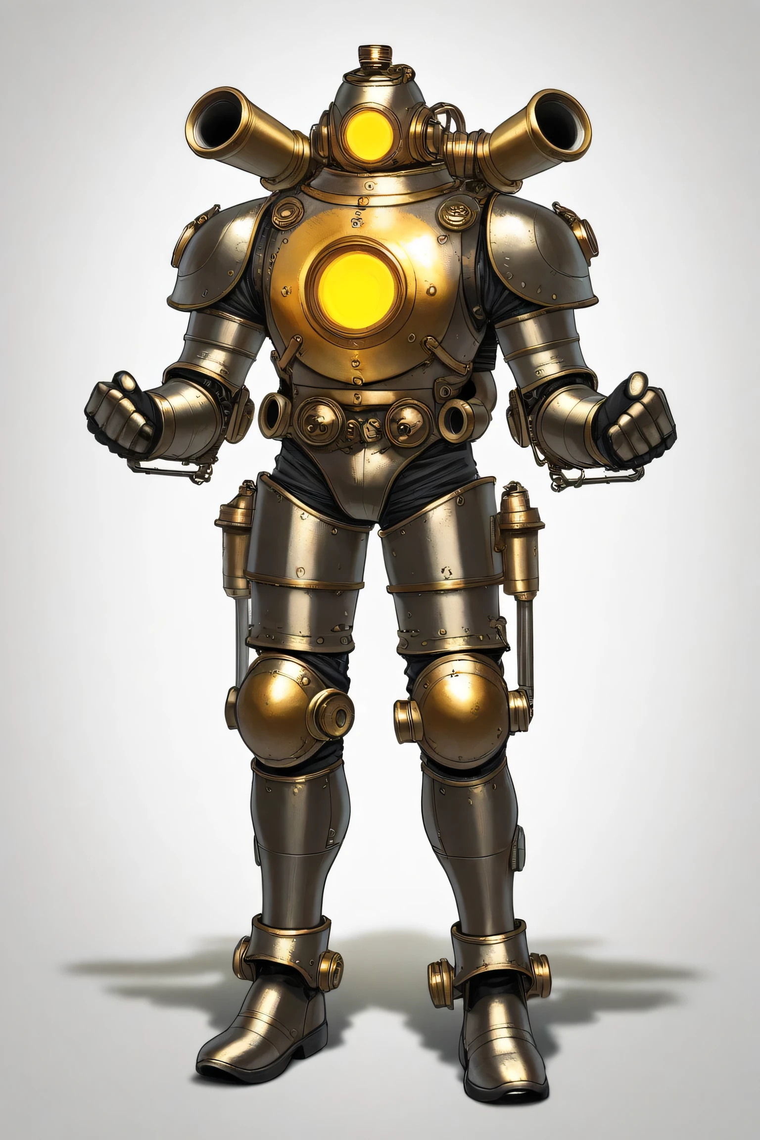 2d digital illustration, art style, steampunk armor design for a man full body armor up to the feet, front view. Two glowing round eyes, With color details: gold and silver. pistons, pipes attached to hands and legs, shock absorbers, glowing orange arc reactor on chest, rugged and industrial retro-futuristic design, worn metallic textures, jet boots and jet pack on back, thick armored plating, bulky yet functional look, surrounded by a smoky, mechanical atmosphere. white background