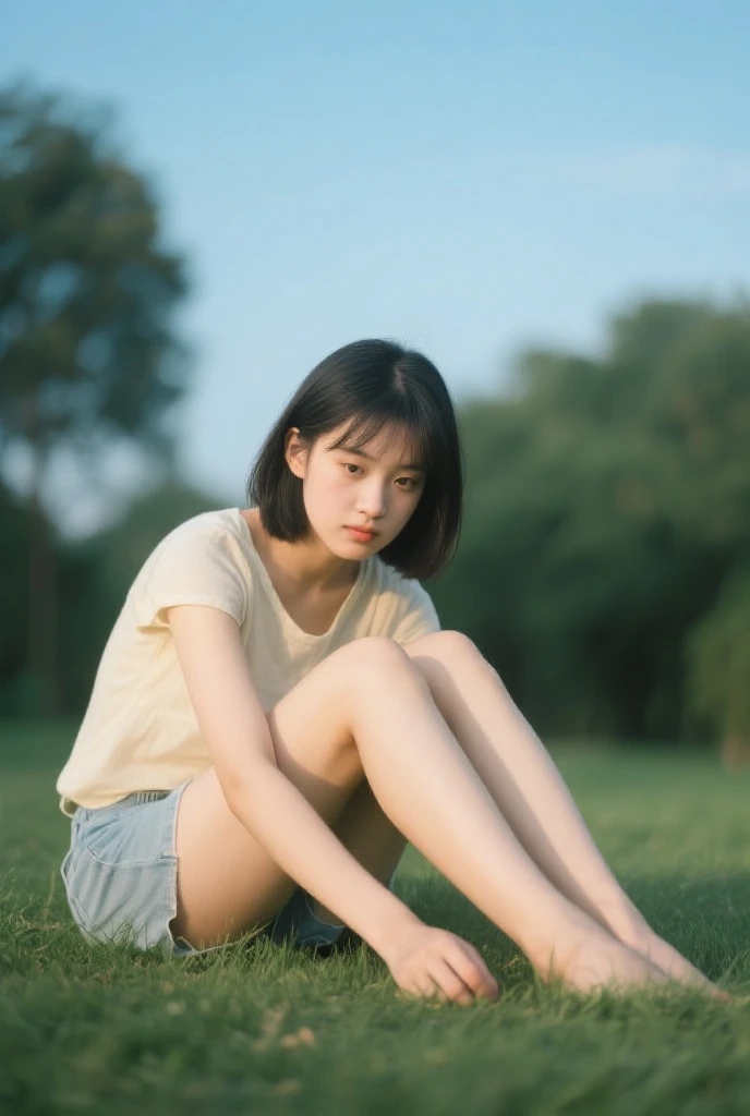 girl with short wavy black hair sitting on a swing on a forest with flower all around, facing backwards
