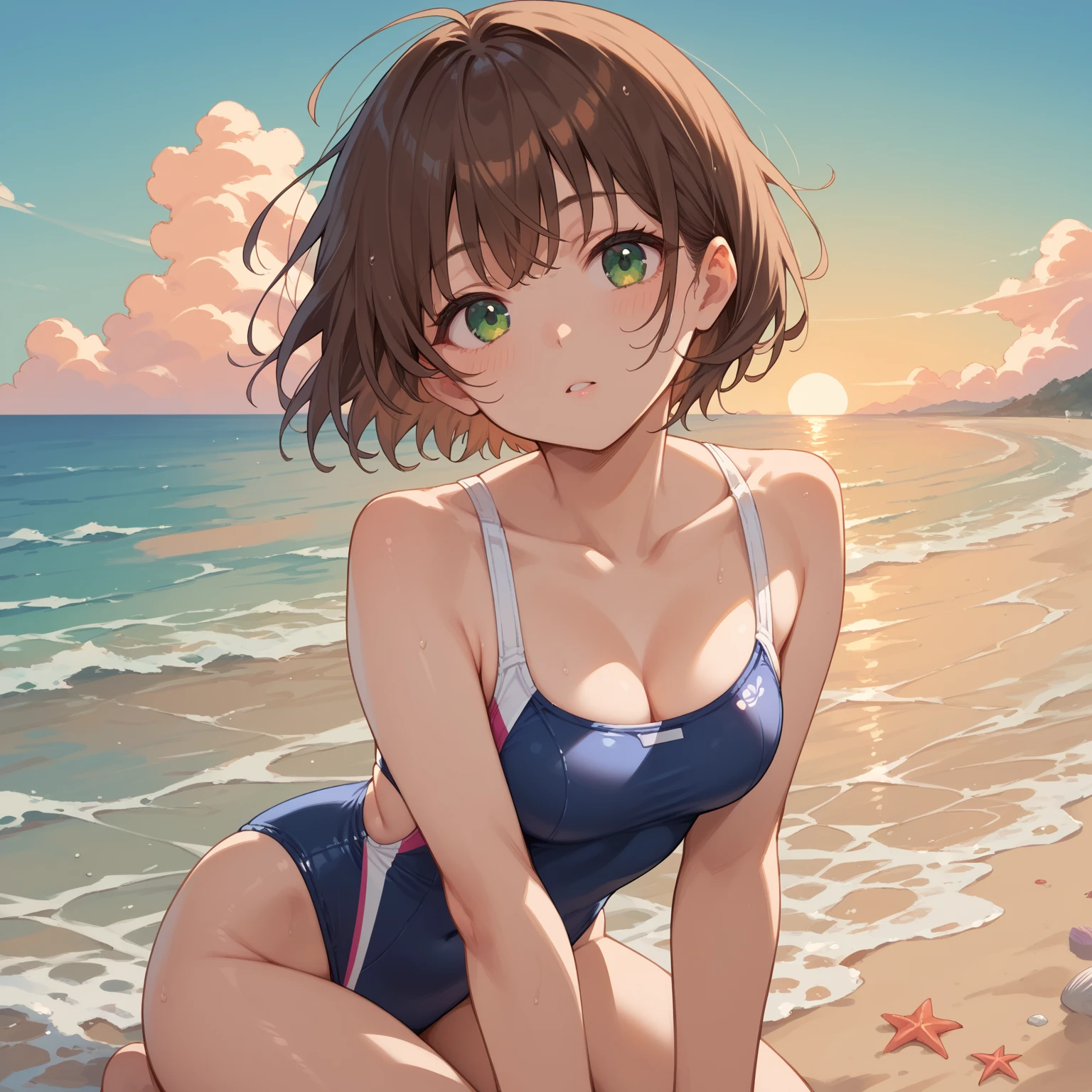 (Highest quality:1.4),masterpiece,(((非常にdetailedな))),Delicate features,Delicate skin, Beautiful sparkle,Beautiful lighting, Complex, 8k resolution,Realistic Shadows, Realistic lighting,Ray Tracing, Complex detailed,From below,One girl,bikini,Glowing Skin,In the heat,Kneel,((Sandy Beach:1.4)),more_detailed:1.5,