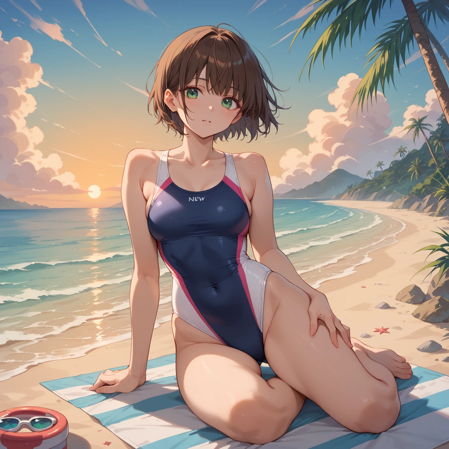 The ultra -The high-definition、high-level image quality、top-quality、Full limbs、complete fingers、Beautuful Women、1 persons、ssmile、Bery short hair、hair pin、White School Swimsuit、knee high、Indentation、standingn、Grow legs、Summer Beach、cinematlic lighting、Japan anime style