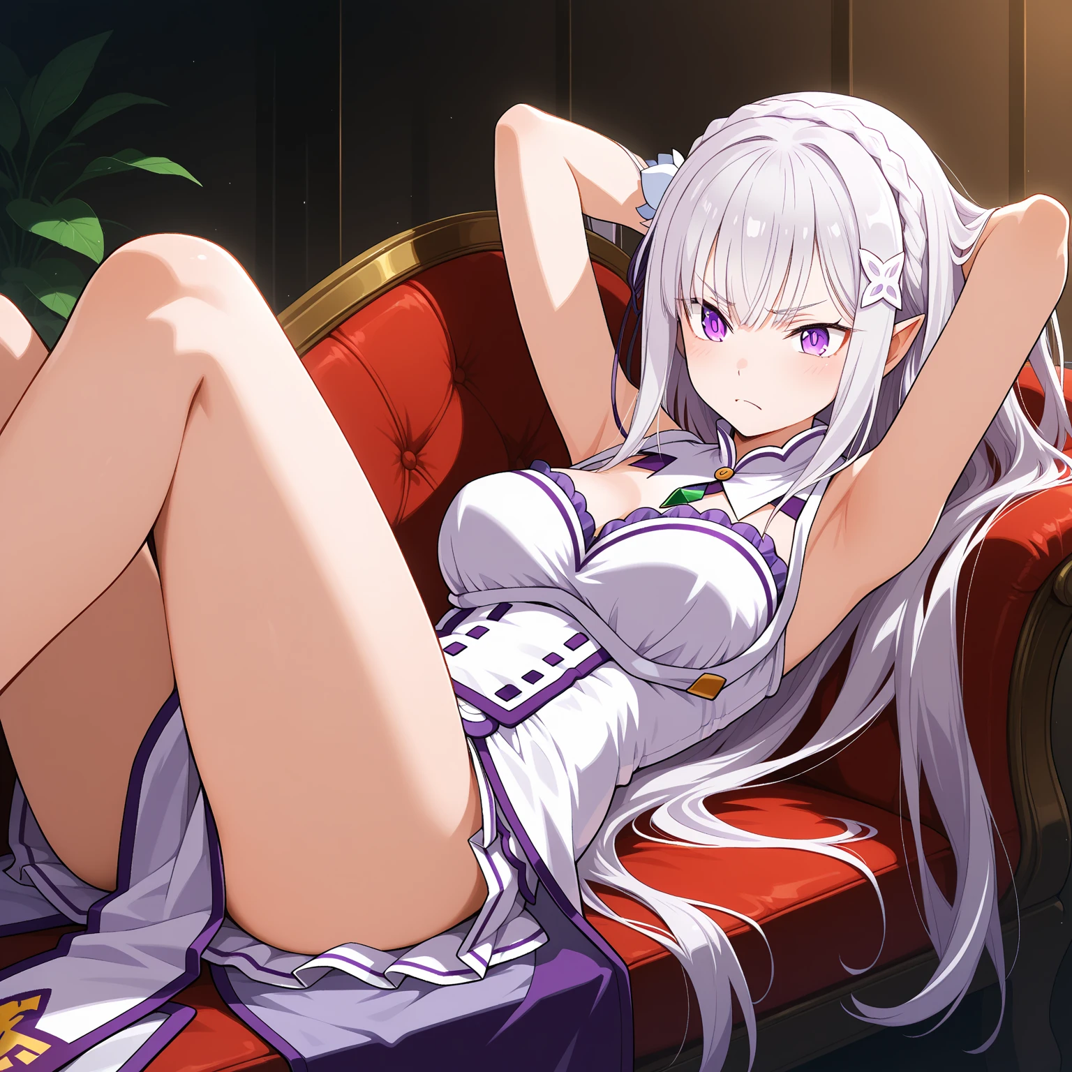 Hot woman, Emilia Re:zero, Emilia, crown braid, x hair ornament, flower hair ornament, white hair, long hair, medium breasts,long hair, cute lingerie dress,sexy, inside the room, cat ear, cat tail
